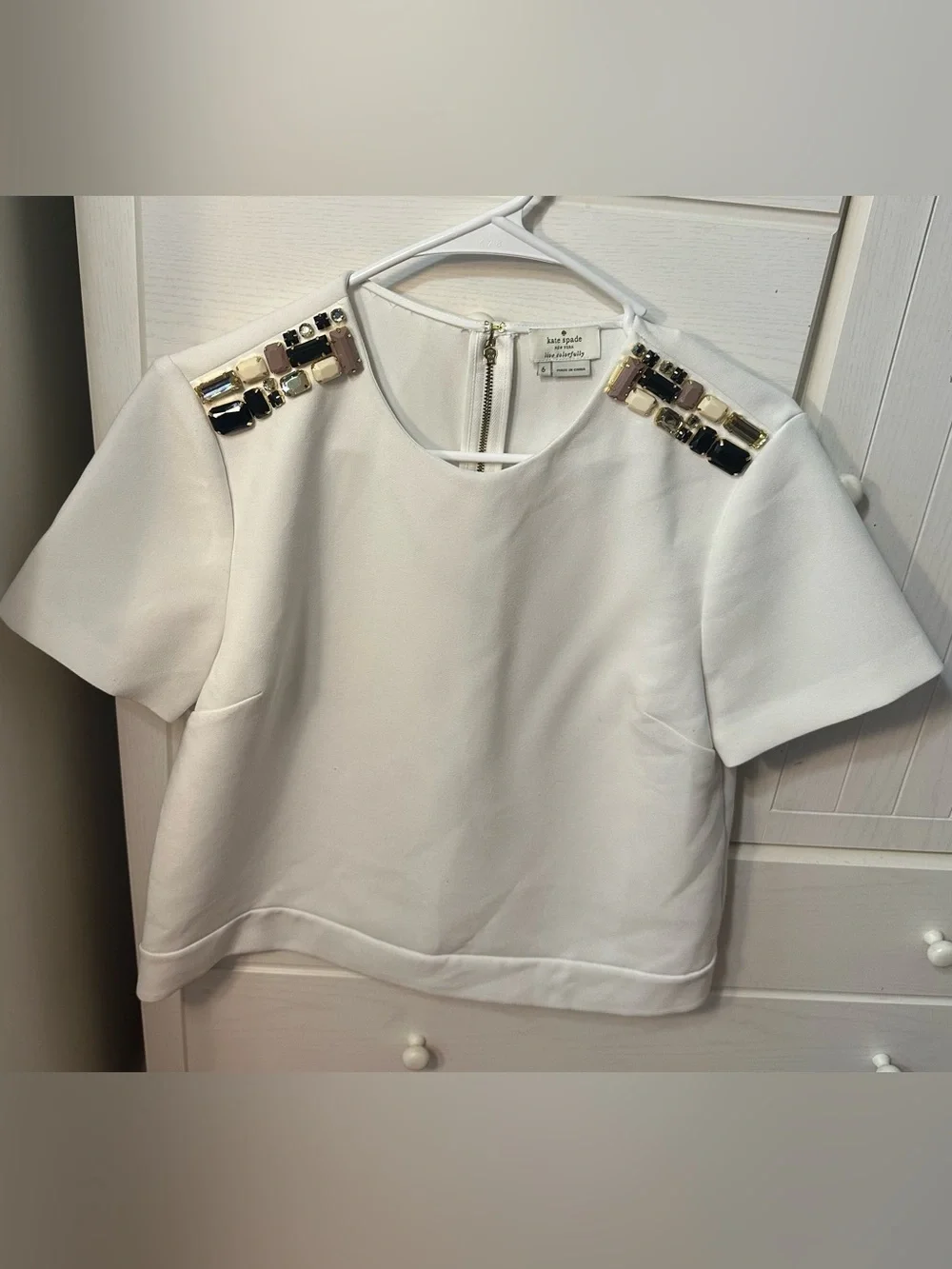 kate‎ spade White Jewel-Embellished Shoulder Blouse